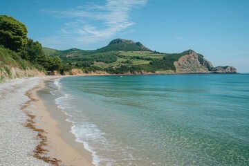 Sandy beach with cliffs and turquoise waves
