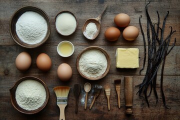 Flat lay of baking ingredients on rustic wooden table