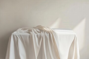 Fototapeta premium a draped white sheet covers a table in a minimal setting