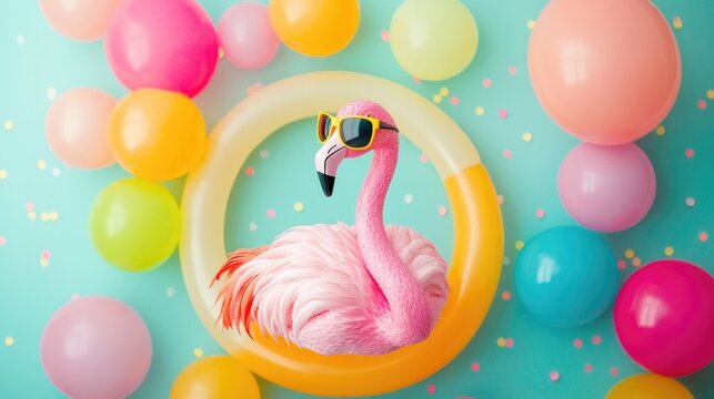 A pink flamingo in sunglasses sits inside a yellow pool float, surrounded by colorful balloons.