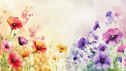 Obraz premium Vibrant Watercolor Floral: A delicate watercolor painting captures the beauty of a summer meadow with vibrant hues of red, orange, purple, and yellow wildflowers dancing in the gentle breeze. 