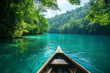 Obraz premium Wooden canoe floating on turquoise river surrounded by tropical greenery
