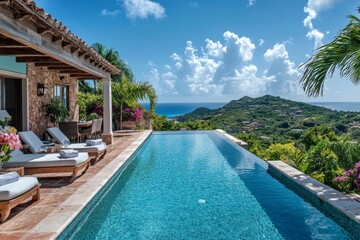 Luxurious infinity pool overlooking tropical jungle