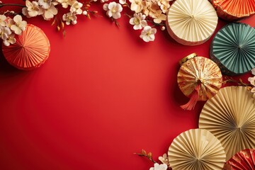 Festive Red Background Chinese New Year Decor Paper Fans Flowers