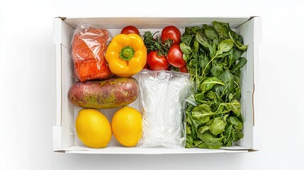 Food safety relies on proper storage to maintain quality. Fresh vegetables and fruits arranged in a box for delivery.