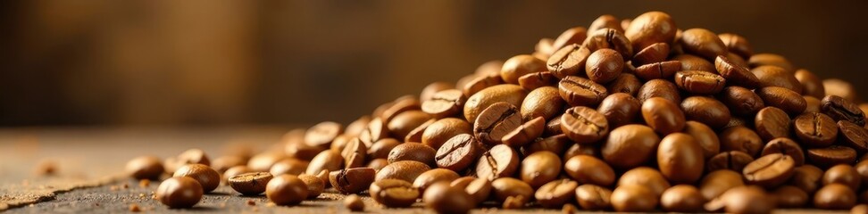 Golden brown coffee beans, freshly roasted, abundant heap , golden brown, pile, roasted