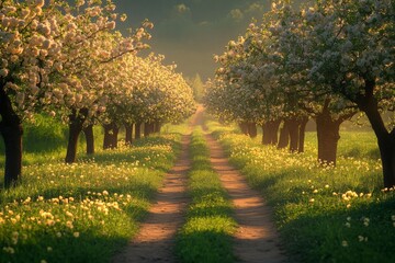 Naklejka premium Tree-lined pathway with dappled sunlight in a countryside setting