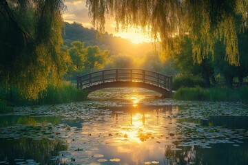 Fototapeta premium Golden sunlight reflecting on a calm river surrounded by willow trees