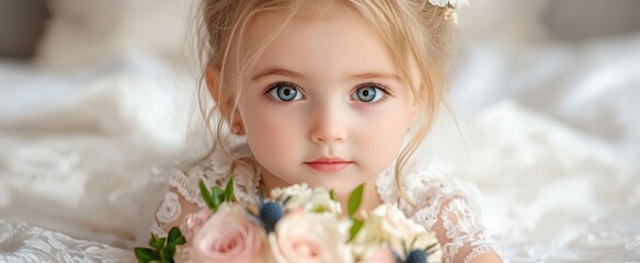 Obraz premium Portrait of an adorable little girl in a white lace dress with beautiful eyes and blonde hair lying on a bed
