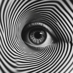 Intriguing eye surrounded by hypnotic black and white lines creating a mesmerizing visual effect
