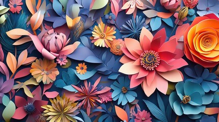 Colorful Floral Abstract Mosaic with Paper Cut Flowers and Leaves
