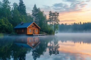 Fototapeta premium Log cabin beside a calm lake with forest reflections at sunrise