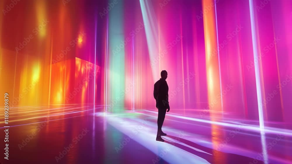Aufkleber a man surrounded by a vivid, colorful environment with dynamic light beams creating abstract art