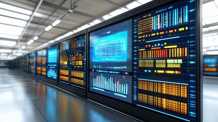 Futuristic Data Center Server Room with Bright Screens Displaying Digital Information and Graphs