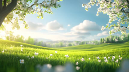 A beautiful spring landscape featuring lush green grass and trees.