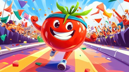 A cartoon tomato character runs a race, cheered on by a crowd, in a vibrant, colorful setting.