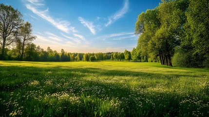 A beautiful spring landscape featuring lush green grass and trees.