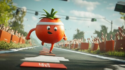 A cartoon tomato runs a race with cheering crowds.