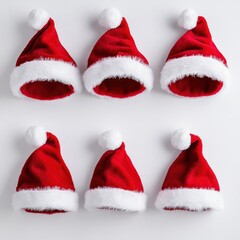 six santa hats on a white background