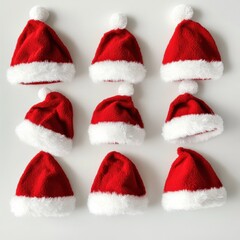 nine santa hats on a white background