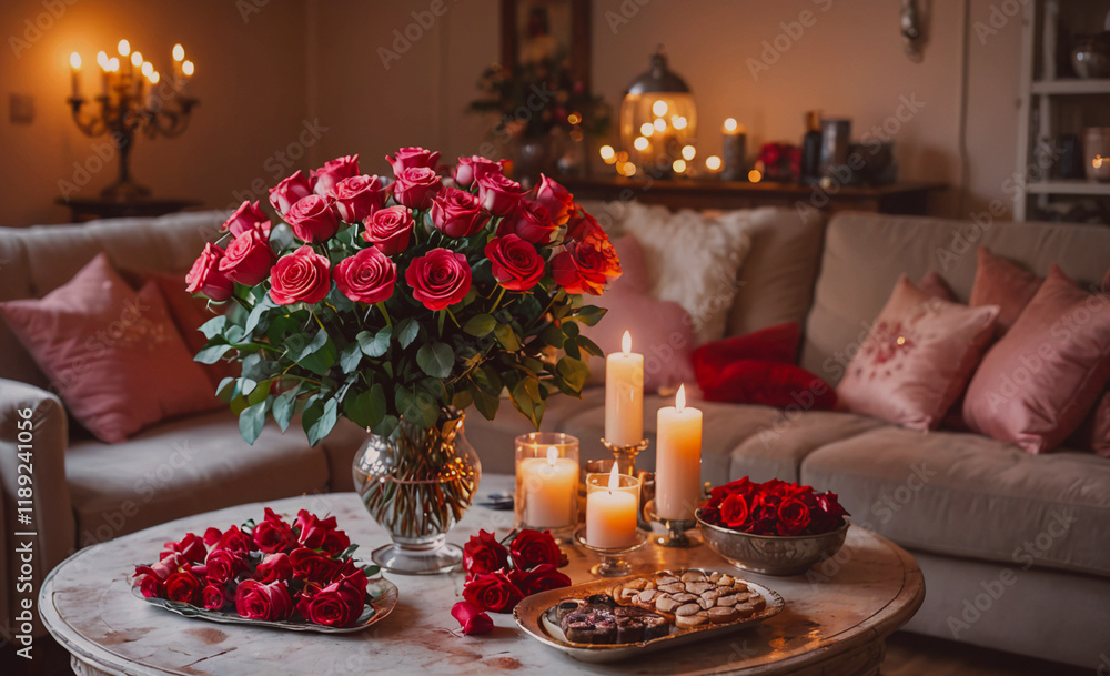 Aufkleber table with a vase of red roses and candles. there are also some red roses on the table