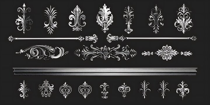 Calligraphic design elements with decorative swirls, scrolls, vintage frames, flourishes, labels, and dividers, ideal for enhancing elegant designs.