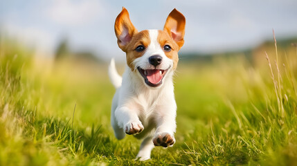 A playful pet dog runs happily in the grass, its ears flopping joyfully.