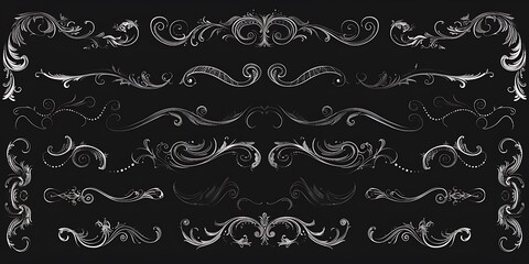 Calligraphic design elements with swirls, scrolls, vintage frames, flourishes, labels, and dividers, perfect for elegant designs.
