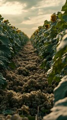 Sunlight filters through rows of sunflowers in a blooming agricultural field