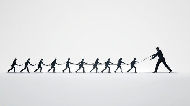 A motivational concept showing a leader pulling a team forward.