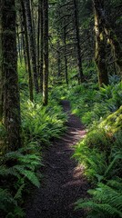 Obraz premium Serene Forest Pathway Through Lush Green Ferns and Trees