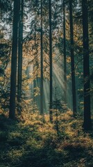 Obraz premium Ethereal Sunlight Filtering Through Tall Forest Trees in Nature