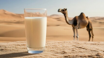 A little glass of milk and a camel on a desert background, concept: camel milk, suitable as a substitute milk for people with cow's milk allergy, 16:9