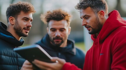 Player consultants in football checking the performance data of a football player, 16:9