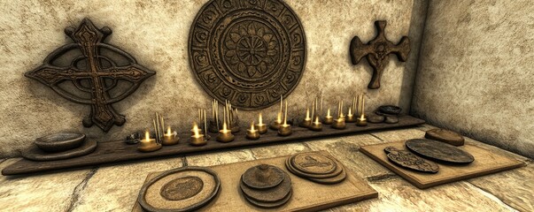 Ancient Ritual Chamber with Flickering Candles and Intricate Stone Carvings