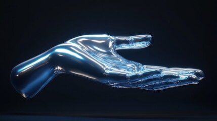 A chrome hand, open and outstretched, glows with an ethereal blue light in a dark studio setting.