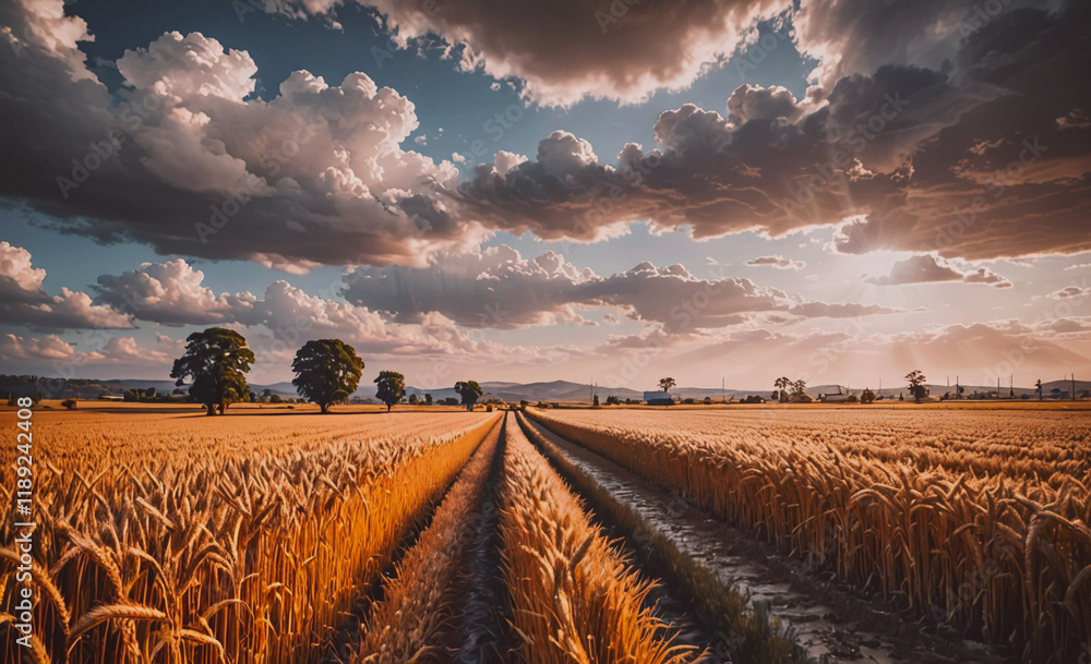 Poster Field of golden wheat with a road running through it. The sky is cloudy and the sun is setting
