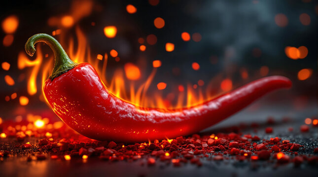 Hot and Spicy Food Theme Background with Red Chili Peppers and Flames for International Hot and Spicy Food Day