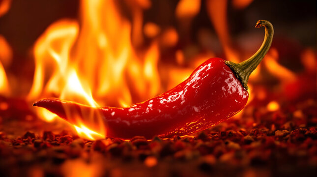 Hot and Spicy Food Theme Background with Red Chili Peppers and Flames for International Hot and Spicy Food Day