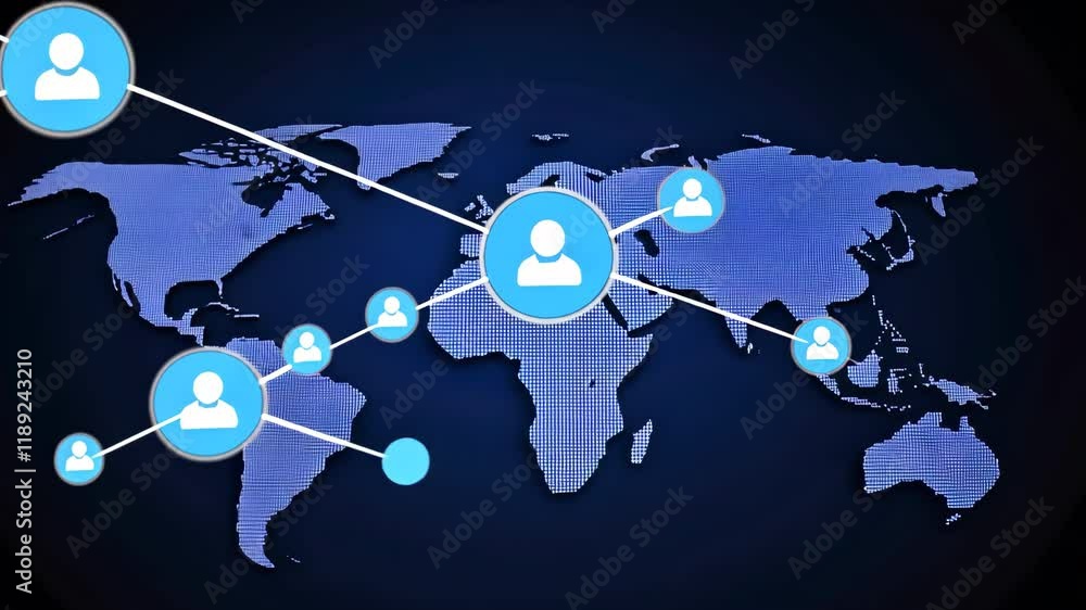 Poster digital world map with interconnected user icons symbolizes global communication and networking blue