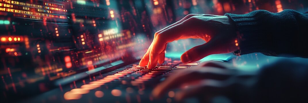Close-Up of Hands Typing on a Keyboard with Data Flow and Binary Code