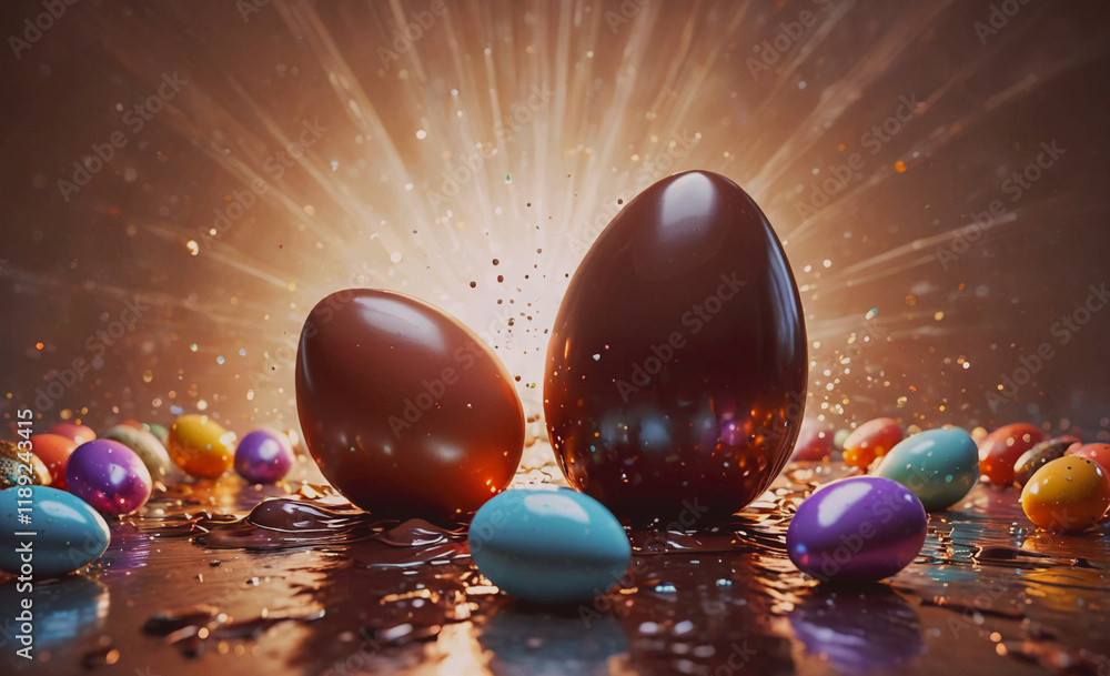 Aufkleber two chocolate eggs are on a table with other chocolate eggs. the eggs are surrounded by a variety of