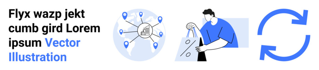 Man holding shopping bags, circular map with location pins connected to a central city, and synchronization arrows. Ideal for shopping, logistics, connection, synchronization, network, navigation