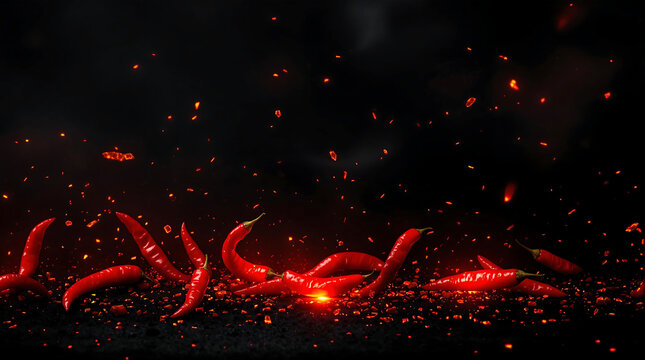 Hot and Spicy Food Theme Background with Red Chili Peppers and dark background for International Hot and Spicy Food Day