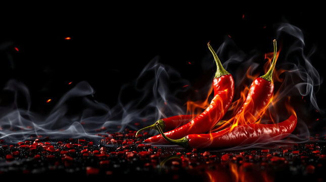 Hot and Spicy Food Theme Background with Red Chili Peppers and Flames for International Hot and Spicy Food Day