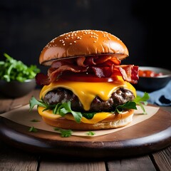 Close-up home made beef burger on wooden table
