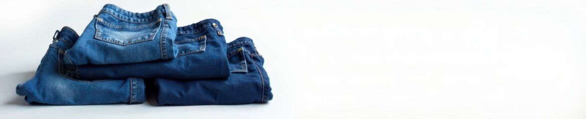 Several pairs of blue jeans piled on white surface, texture, stacked, casual