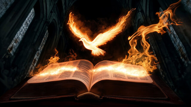 Open Bible with Holy Spirit (Fiery Dove) in a Cathedral - Desktop Wallpaper Format [16:9 ratio]