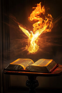 Open Bible with Holy Spirit (Fiery Dove) in a Cathedral - Vertical Format [2:3 ratio]