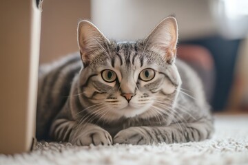 Adorable silver tabby cat resting on soft carpet